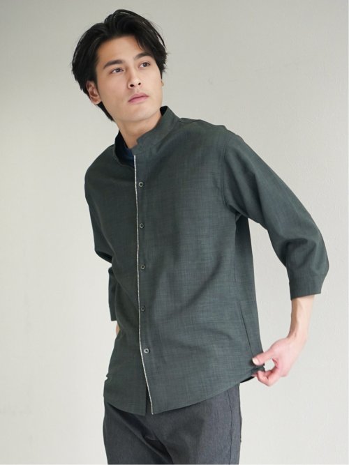 メランジポリトロ バンドカラー 7分袖シャツ