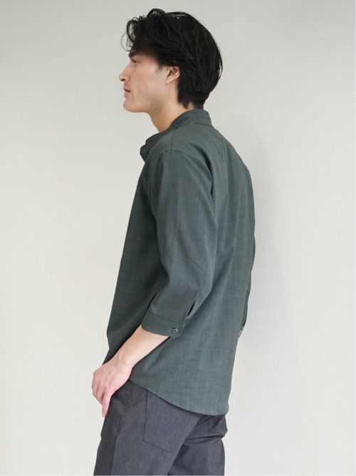 メランジポリトロ バンドカラー 7分袖シャツ