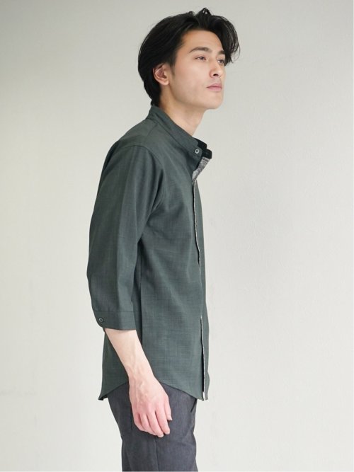 メランジポリトロ バンドカラー 7分袖シャツ