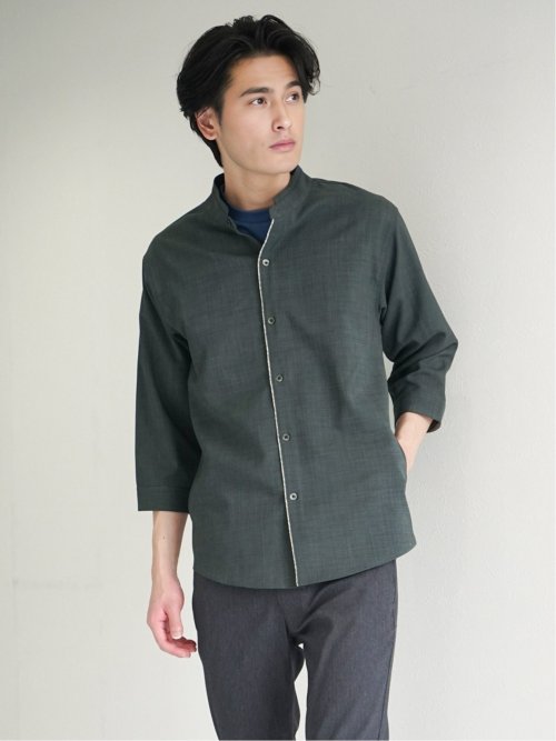 メランジポリトロ バンドカラー 7分袖シャツ