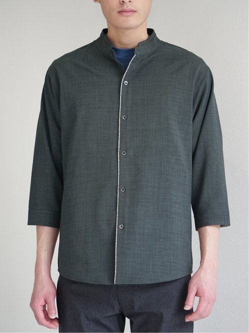 メランジポリトロ バンドカラー 7分袖シャツ