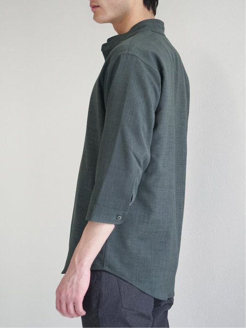 メランジポリトロ バンドカラー 7分袖シャツ