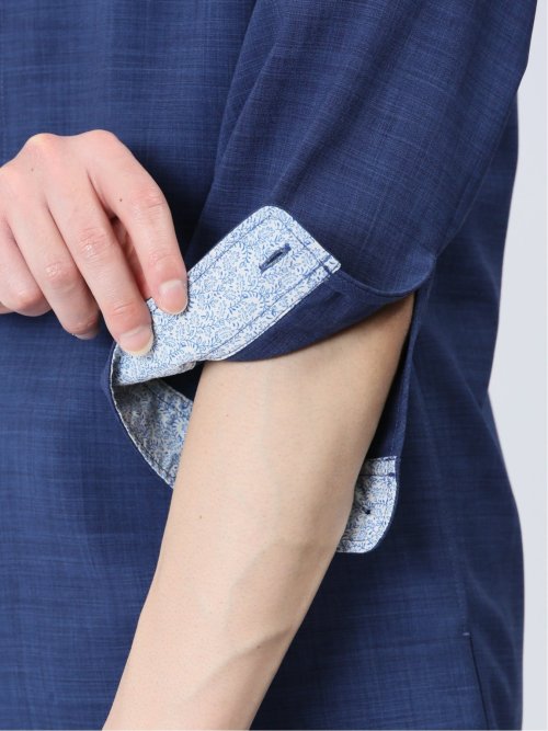 メランジポリトロ バンドカラー 7分袖シャツ