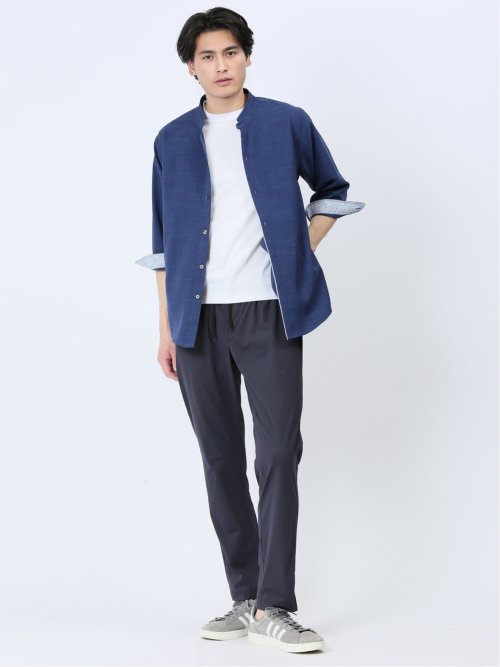 メランジポリトロ バンドカラー 7分袖シャツ