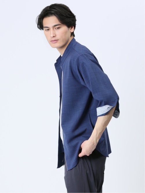 メランジポリトロ バンドカラー 7分袖シャツ
