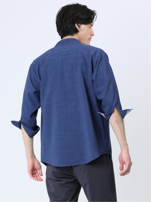 メランジポリトロ バンドカラー 7分袖シャツ