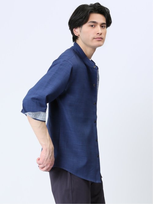 メランジポリトロ バンドカラー 7分袖シャツ