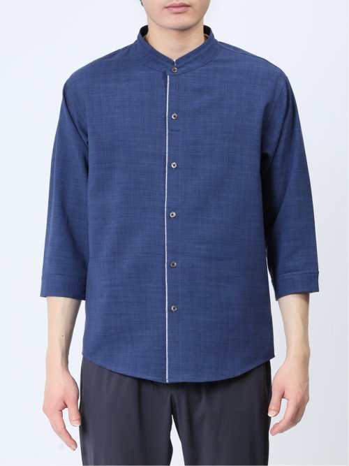 メランジポリトロ バンドカラー 7分袖シャツ