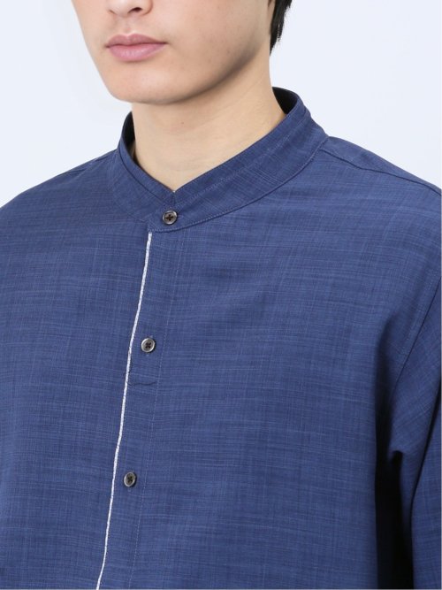 メランジポリトロ バンドカラー 7分袖シャツ