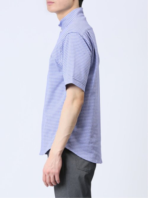 ストレッチ ギンガムサッカー スタンドカラー半袖シャツ