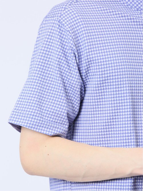 ストレッチ ギンガムサッカー スタンドカラー半袖シャツ