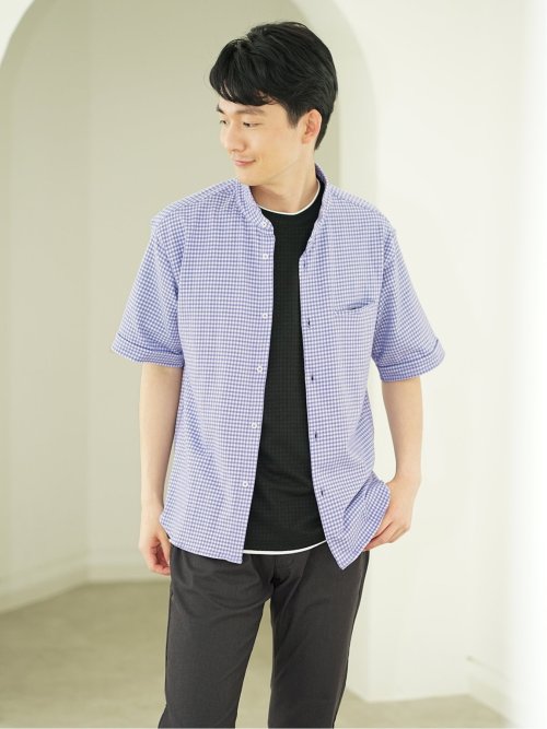 ストレッチ ギンガムサッカー スタンドカラー半袖シャツ