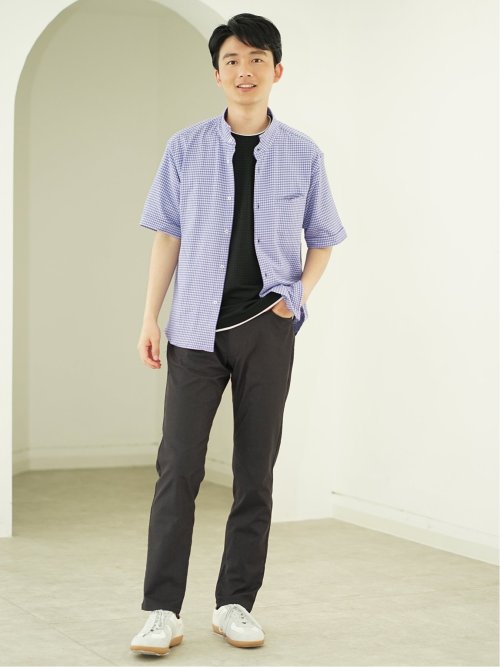 ストレッチ ギンガムサッカー スタンドカラー半袖シャツ