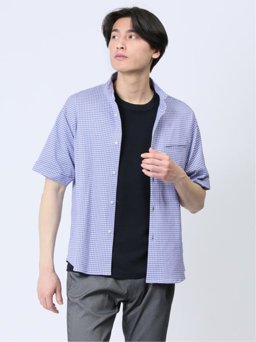 ストレッチ ギンガムサッカー スタンドカラー半袖シャツ
