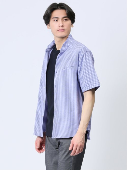 ストレッチ ギンガムサッカー スタンドカラー半袖シャツ