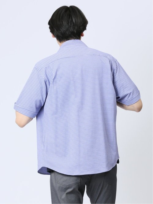 ストレッチ ギンガムサッカー スタンドカラー半袖シャツ