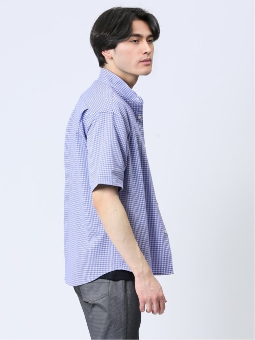 ストレッチ ギンガムサッカー スタンドカラー半袖シャツ