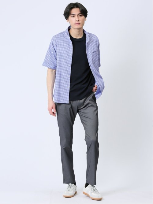 ストレッチ ギンガムサッカー スタンドカラー半袖シャツ