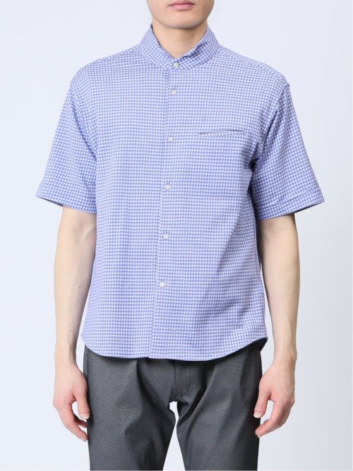 ストレッチ ギンガムサッカー スタンドカラー半袖シャツ