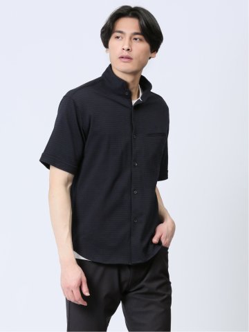 ストレッチ ギンガムサッカー スタンドカラー半袖シャツ