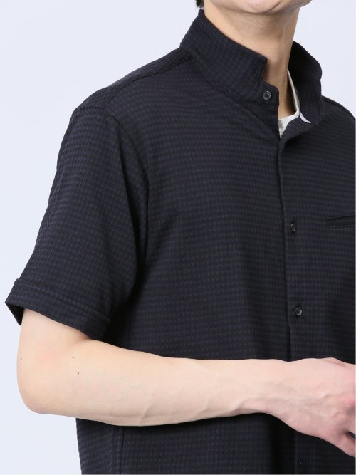 ストレッチ ギンガムサッカー スタンドカラー半袖シャツ