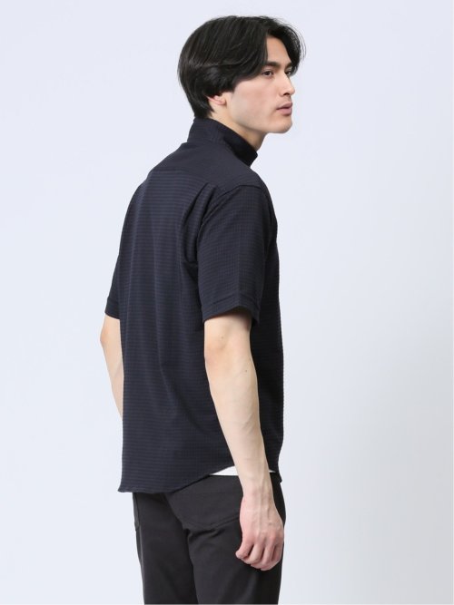 ストレッチ ギンガムサッカー スタンドカラー半袖シャツ