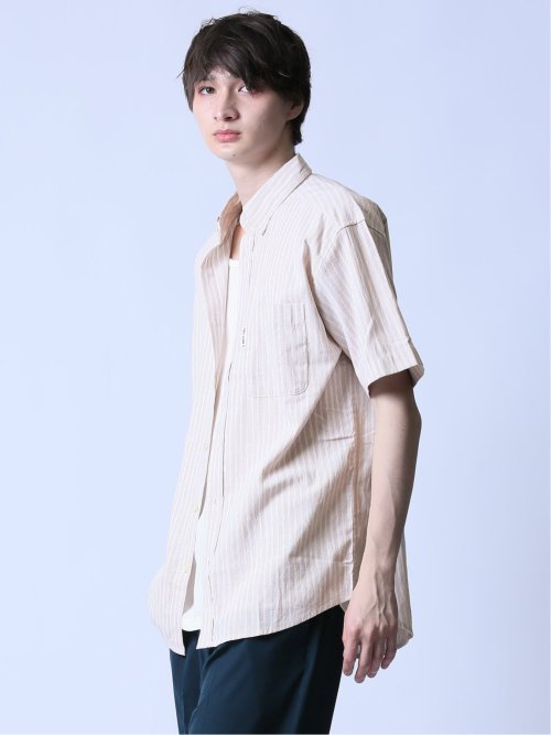 ファーストダウン/FIRST DOWN リネン混ストライプ ボタンダウン半袖シャツ
