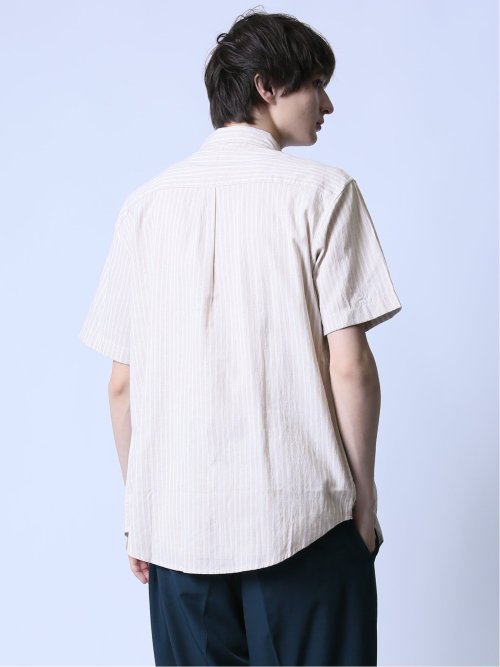 ファーストダウン/FIRST DOWN リネン混ストライプ ボタンダウン半袖シャツ