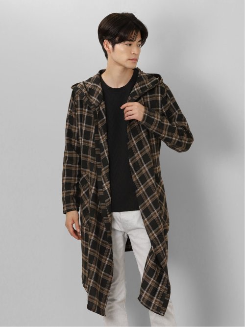 チェック柄 ルーズ フードコーディガン