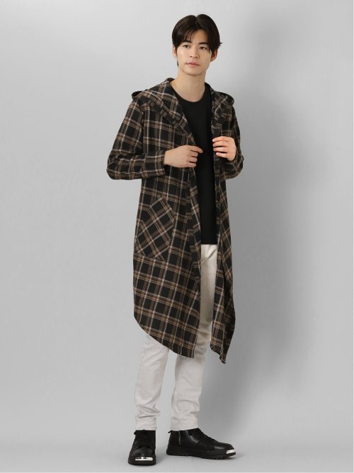 チェック柄 ルーズ フードコーディガン