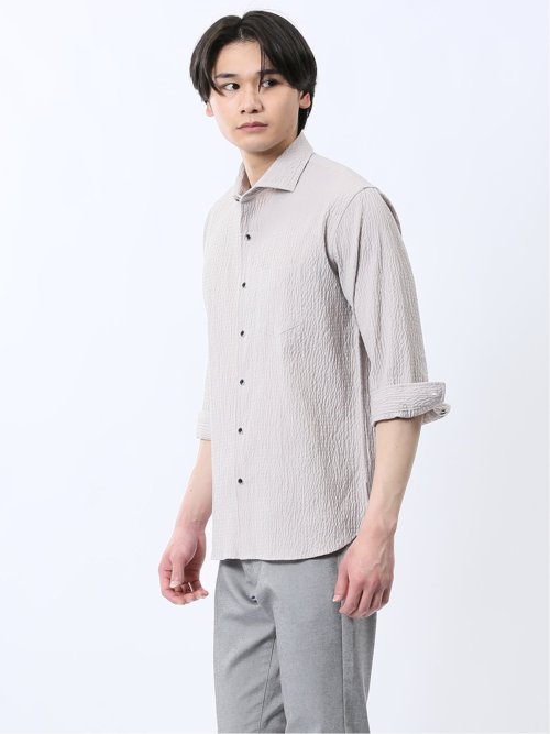 ふくれチェック カッタウェイカラー7分袖シャツ