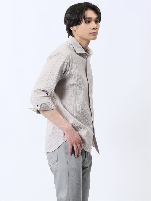 ふくれチェック カッタウェイカラー7分袖シャツ