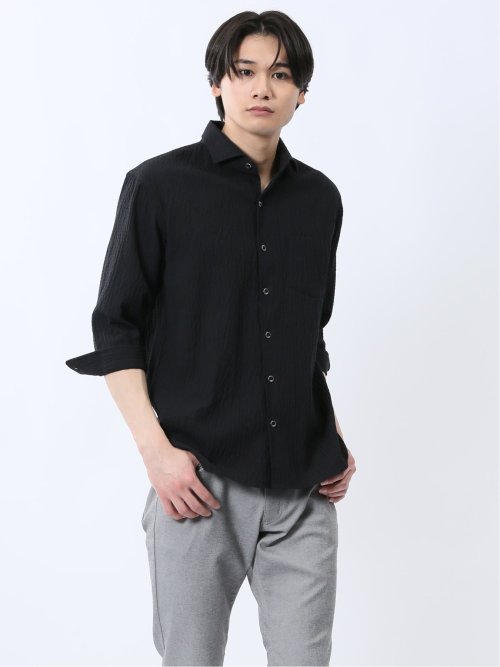 ふくれチェック カッタウェイカラー7分袖シャツ