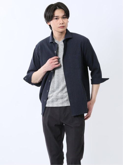 ふくれチェック カッタウェイカラー7分袖シャツ