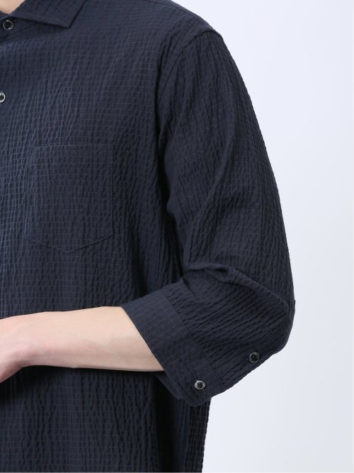 ふくれチェック カッタウェイカラー7分袖シャツ