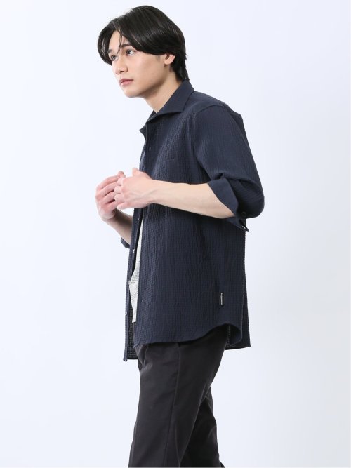 ふくれチェック カッタウェイカラー7分袖シャツ