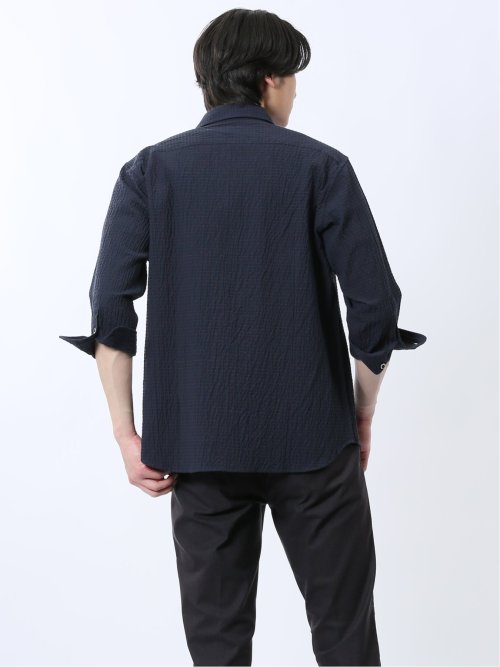 ふくれチェック カッタウェイカラー7分袖シャツ