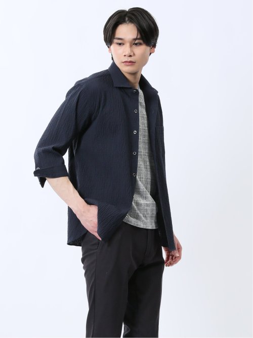 ふくれチェック カッタウェイカラー7分袖シャツ