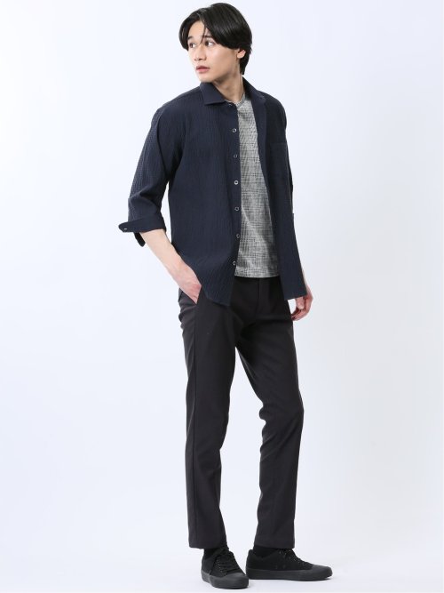 ふくれチェック カッタウェイカラー7分袖シャツ