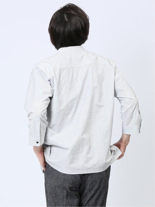 サッカープリント バンドカラー7分袖シャツ