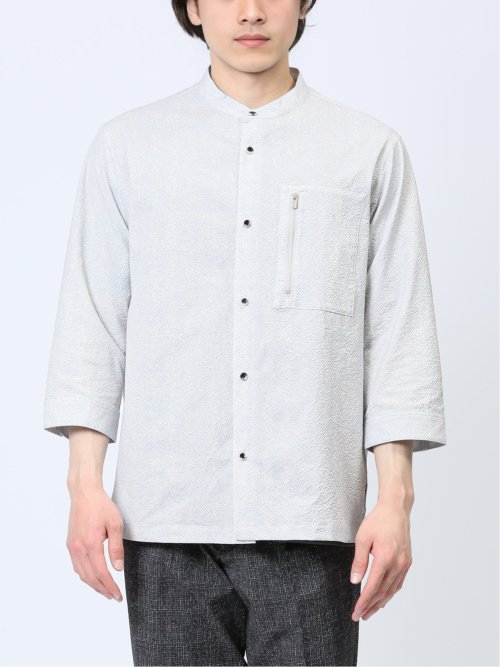 サッカープリント バンドカラー7分袖シャツ