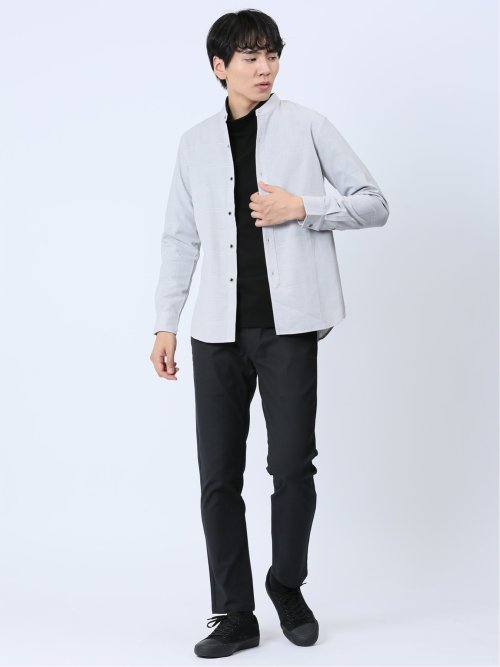 ジャガードチェック バンドカラー長袖シャツ