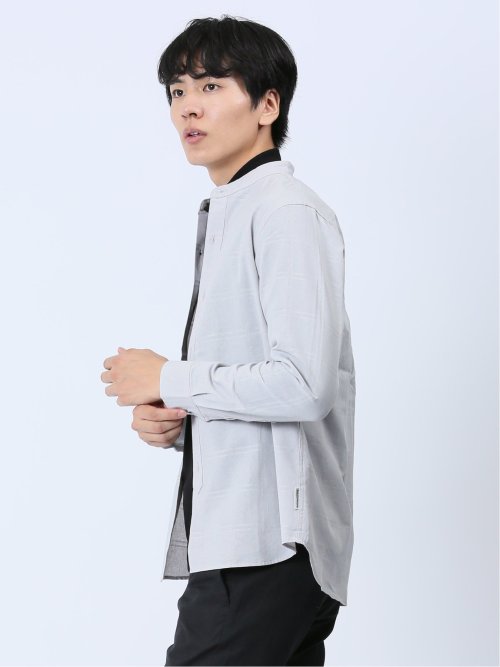 ジャガードチェック バンドカラー長袖シャツ