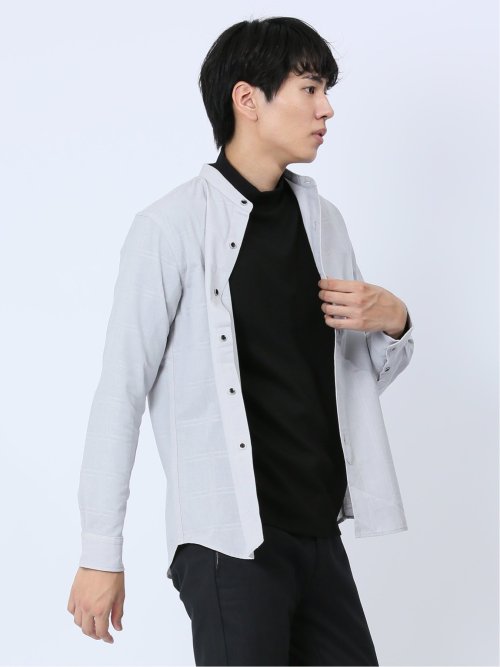 ジャガードチェック バンドカラー長袖シャツ