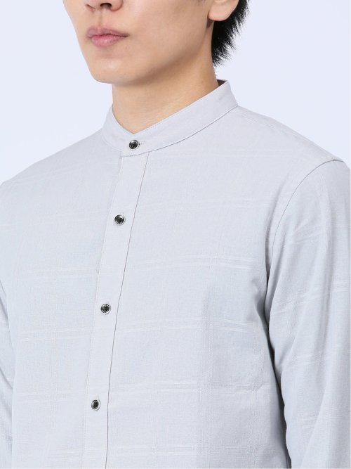 ジャガードチェック バンドカラー長袖シャツ