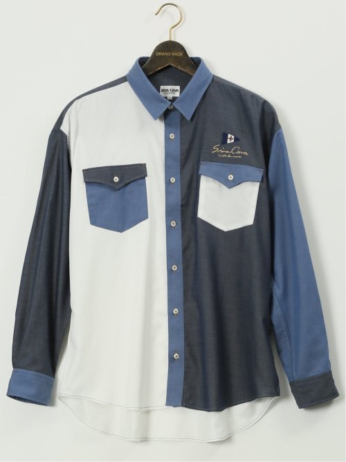 【大きいサイズ】シナコバ/SINA COVA デニムクレイジーパターン レギュラーカラー長袖シャツ