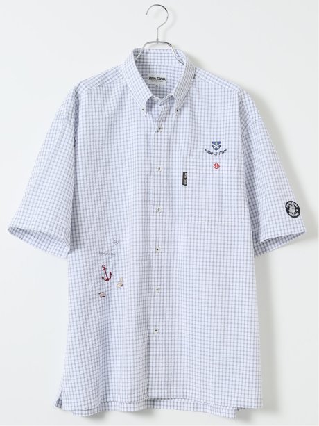 【大きいサイズ】シナコバ/SINA COVA 綿 サッカー チェック柄 ボタンダウン 半袖 シャツ