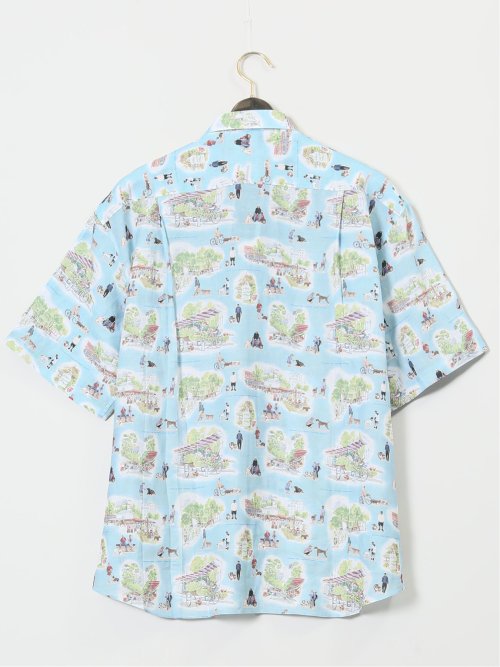 【大きいサイズ】シナコバ/SINA COVA 麻 マルシェプリント ボタンダウン半袖シャツ