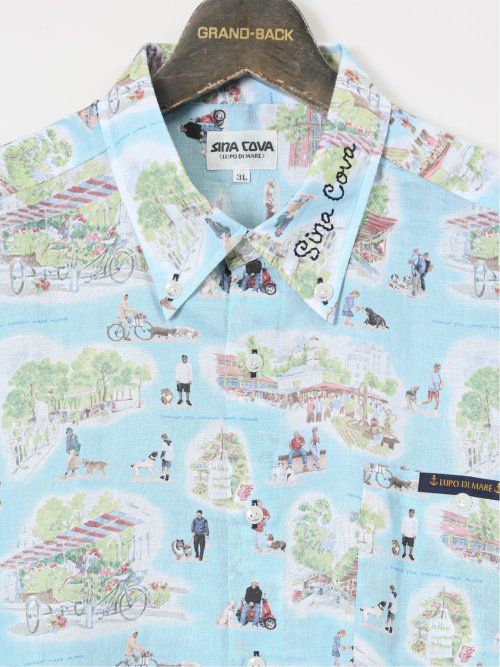 【大きいサイズ】シナコバ/SINA COVA 麻 マルシェプリント ボタンダウン半袖シャツ