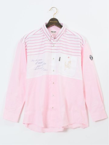 【大きいサイズ】シナコバ/SINA COVA 綿切り替えボーダー ボタンダウン長袖シャツ